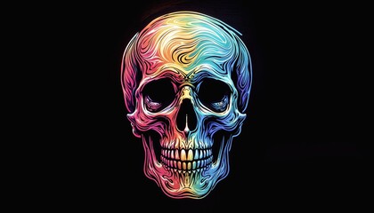 Futuristic digital art of a skull made of vibrant colors on black background [with copy space]