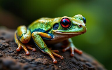 A vibrant green frog featuring striking red eyes perched on a textured surface, surrounded by a soft bokeh background