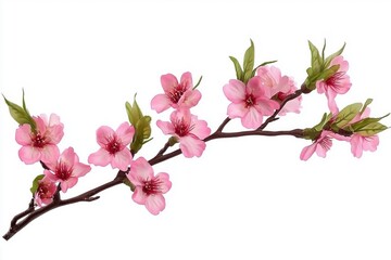 A webpage banner of fresh bright pink cherry blossom flowers on a tree branch in spring, sakura springtime season, isolated against a white background