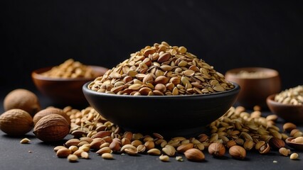 Obraz premium A variety of healthy foods arranged on a dark textured surface.