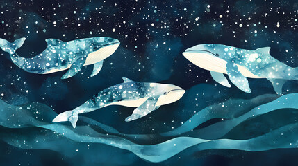 Naklejka premium Dreamy watercolor whales swimming beneath a starlit ocean surface with copy space. Starlit Shoals. Illustration