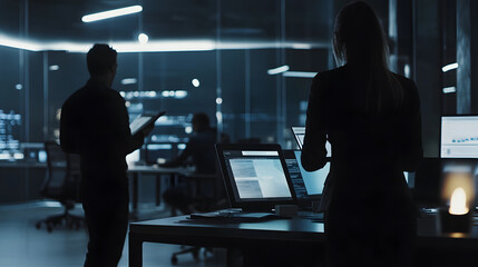 A group of professionals working in a modern office with computers and digital devices at night.
