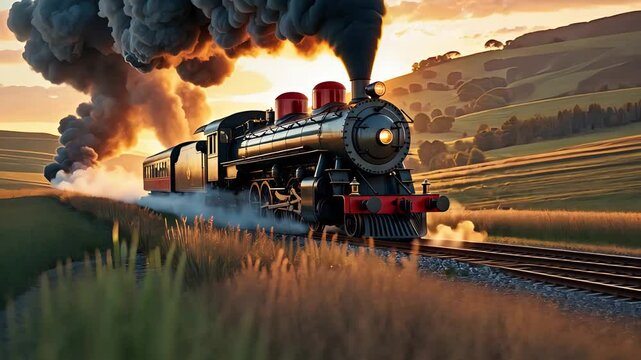 Vintage steam locomotive emitting thick black smoke as it travels through scenic countryside during golden hour, highlighting classic railway transport and rural landscape

