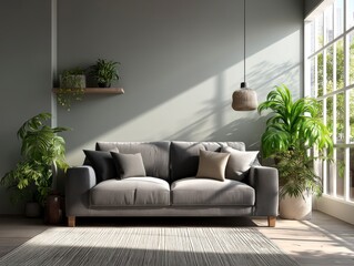 Minimalist Indoor Living Room with Gray Sofa and Green Plants