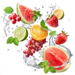 Naklejka premium Fresh Fruits Splashing with Water, Juicy and Colorful Composition
