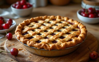 A freshly baked cherry pie with a golden lattice crust on a rustic wooden surface, surrounded by fresh cherries
