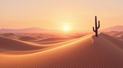 Serene Desert Dune Landscape with Cactus at Sunrise
