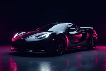 Fototapeta premium Sleek black sports car, neon accents, dark background, speed lines, exotic car, car