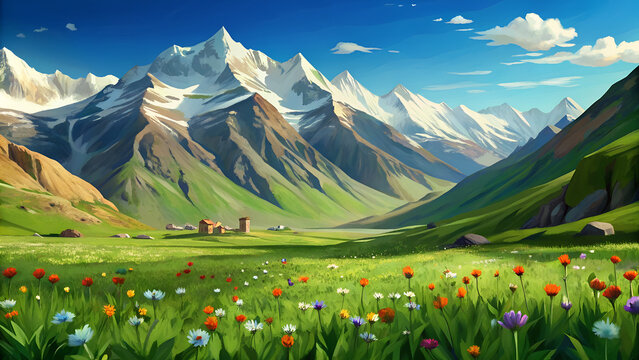 reen meadows of Spiti Valley with wildflowers  generative ai