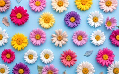 Obraz premium A colorful arrangement of assorted flowers on a light blue background creates a vibrant and cheerful atmosphere