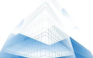 Futuristic glass building wireframe, blue and white architectural concept
