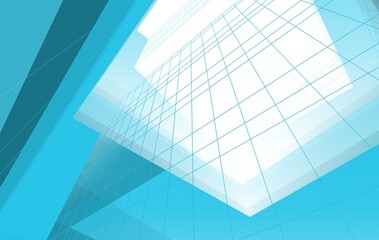 Obraz premium Futuristic glass building wireframe, blue and white architectural concept