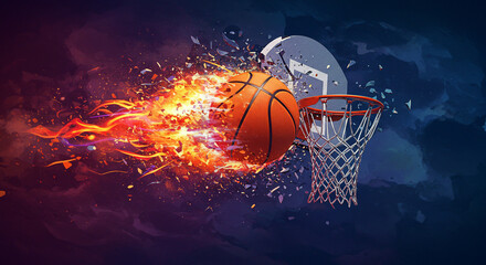 Basketball soaring into the hoop with fiery motion effects  