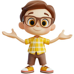 cute cartoon boy character in yellow shirt and glasses isolated png transparent background