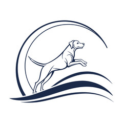 Dog Surfing Wave Logo Stylized Animal and Ocean Vector Illustration .