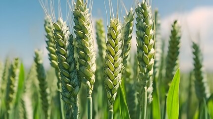 Closeup Green Wheat Field Summer Sun Light