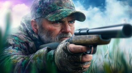 Obraz premium Focused Hunter Aiming Shotgun in a Natural Setting