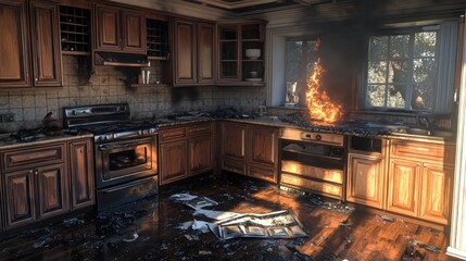 Kitchen interior after a fire incident, showcasing burnt cabinets and smoke damage, with flames visible