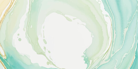Obraz premium Abstract watercolor paint background illustration - Soft pastel green aquamarine color and golden lines, with liquid fluid marbled paper texture banner texture