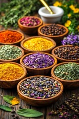 Fototapeta premium Group of colorful wooden bowls with dry ingredients provides a cozy yet organic aesthetic; perfect for culinary beauty or herbalism based projects.