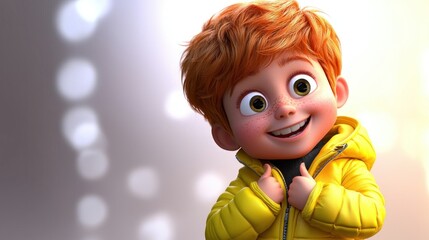 Cheerful animated boy in a yellow jacket smiles brightly against a softly blurred background