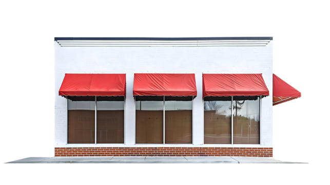small commercial store front with red awnings isolated png transparent background