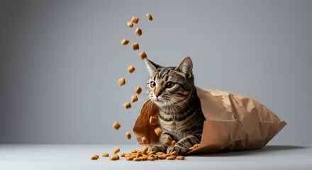 Playful Tabby Cat Emerging from Brown Paper Bag Scattering Kibble