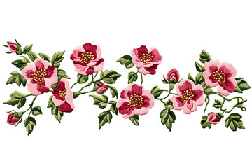 embroidered floral pink rose border branch with green leaves isolated png transparent background
