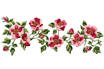 embroidered floral pink rose border branch with green leaves isolated png transparent background