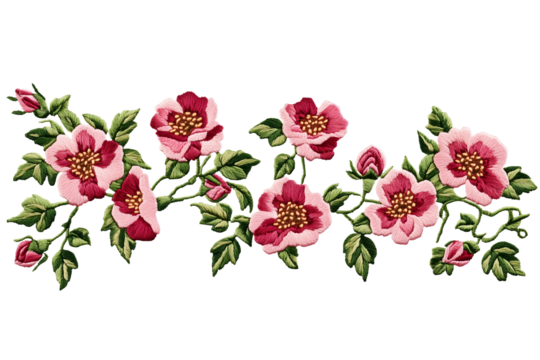 embroidered floral pink rose border branch with green leaves isolated png transparent background
