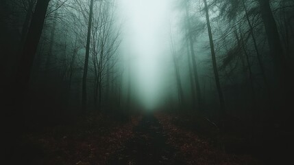 Naklejka premium Path vanishing in misty forest, leaves on ground, dark woods background