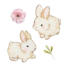 Watercolor cute Easter Bunny, nursery beige rabbit for spring design
