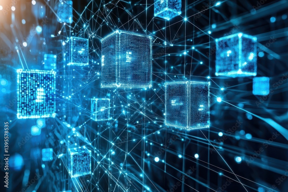 Wall mural digital technology concept with blockchains and data connections