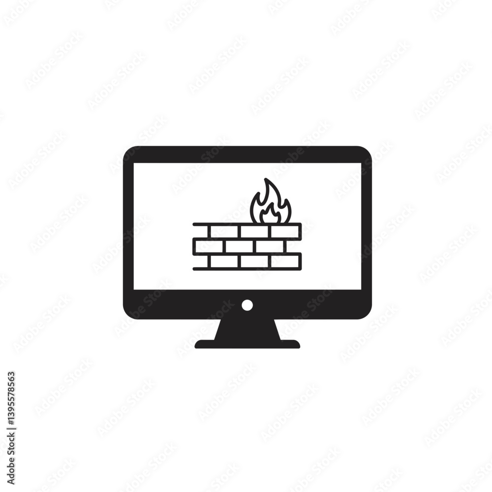 Poster cyber security firewall: a minimalist vector illustration of a computer monitor displaying a firewal