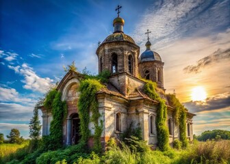 Fototapeta premium Abandoned Orthodox Chapel, Azure Sky, Urban Exploration Photography