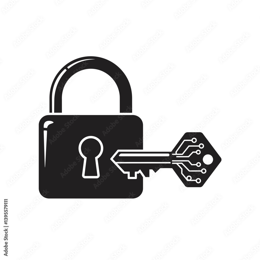 Poster digital security: illustrating the secure connection between a lock and an electronic key, represent