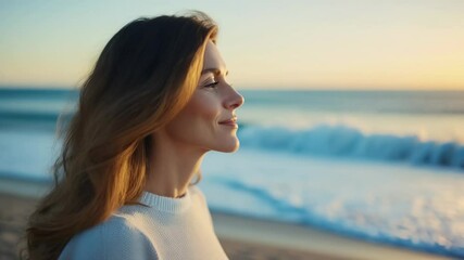 Sunset meditation by the ocean with a middle aged woman enjoying calm and serenity - Powered by Adobe