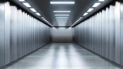 Fototapeta premium Futuristic Metal Corridor: A Gleaming Passageway of Steel and Light
