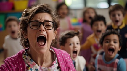 Teacher engaging with excited children in a classroom, showcasing joyful chaos and learning