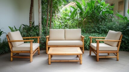 Relaxing Bamboo Patio Furniture Set with Cushions near Lush Greenery