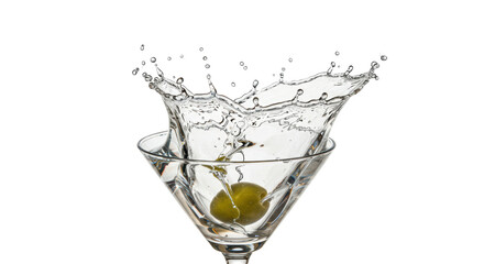 Isolated Green Olive Dropped into Martini with Splash