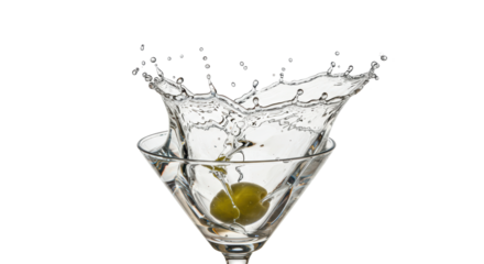 Isolated Green Olive Dropped into Martini with Splash