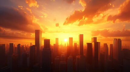 Stunning Cityscape at Sunset Golden Hour Skyline Panorama