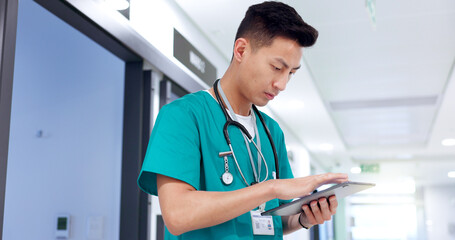 Nurse, tablet and Asian man on internet for healthcare update, report and check records for...