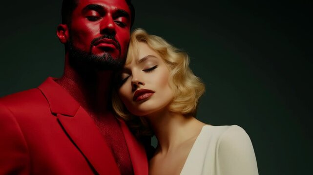 Beautiful young blonde woman in a white suit hugging a handsome strong man in a red suit. Angel and demon concept