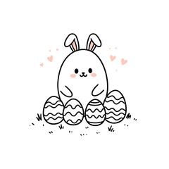 Obraz premium Cute bunny sitting among decorated Easter eggs with hearts 