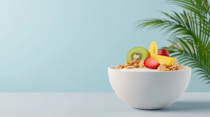 Healthy Breakfast Parfait with Tropical Fruits in White Bowl