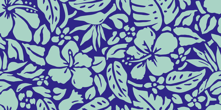 Hand drawn tropical flowers, seamless patterns with floral for fabric, textiles, clothing, packaging, cover, poster, interior decor, abstract natural backgrounds. Vector illustration.
