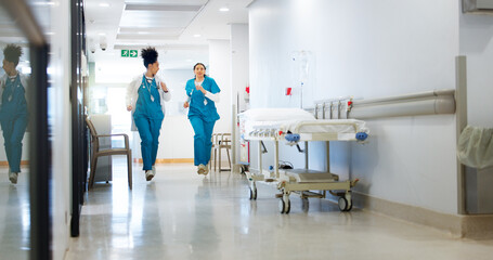 Doctor, nurse and running for hospital emergency with urgent healthcare, patient crisis and medical...