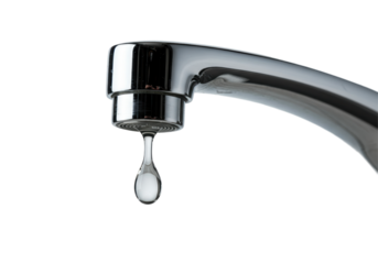 Isolated Single Water Drop Hanging from Chrome Faucet